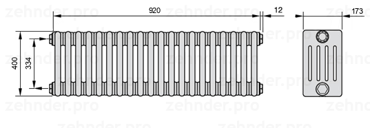 Схема (чертеж) Радиатор Zehnder Charleston 5040/20 №1270 Белый глянцевый RAL 9016